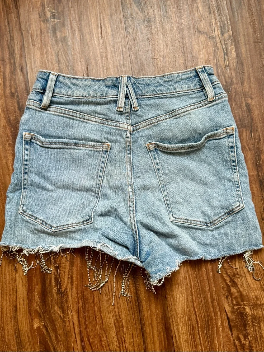 Good American Light Blue Denim Shorts with Crystal Fringe, Size 26
